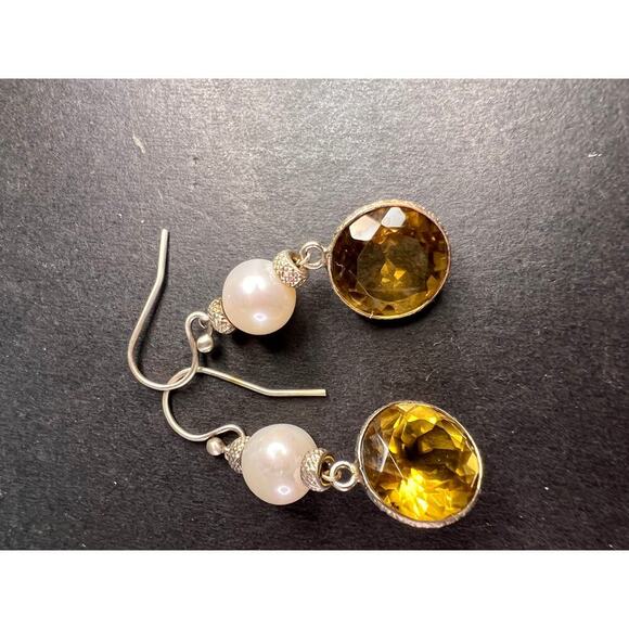 Citrine and pearl sterling silver dangle earrings - Picture 15 of 16